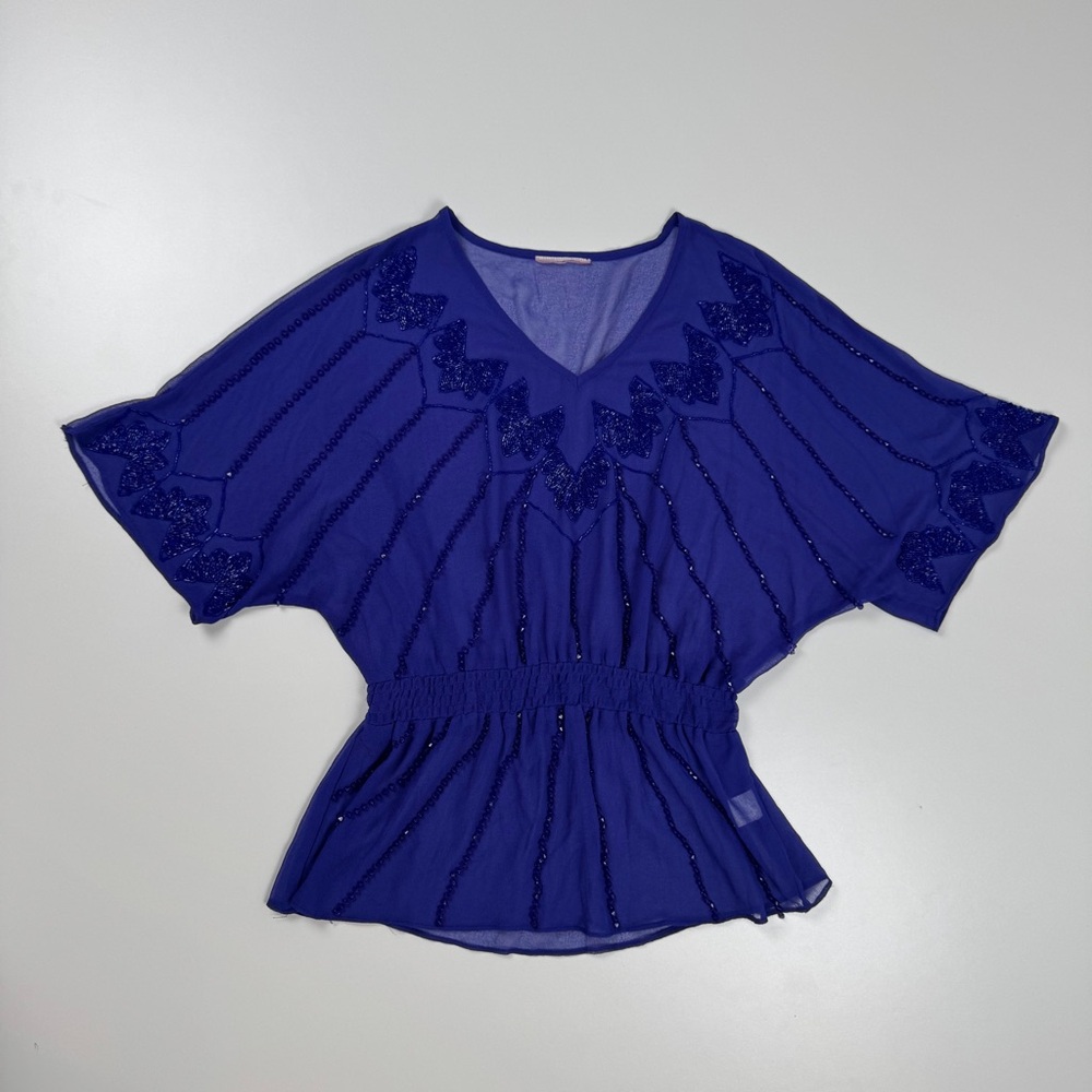 Vintage Y2K Blue Beaded Sheer Cinched Waist Blouse Size Small Fairycore Boho